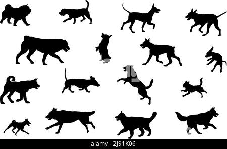 Gruppe von Hunden verschiedenen Rassen. Schwarze Hundehüsse. Laufen, Stehen, Gehen, springende Hunde. Isoliert auf weißem Hintergrund. Haustiere. Vektor. Stock Vektor