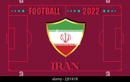 FIFA Fußball-Weltmeisterschaft Katar 2022. Team Iran Flagge Design und Text auf Fußballfeld Hintergrund. vektor-Illustration. eps 10 Stock Vektor