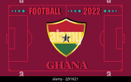 FIFA Fußball-Weltmeisterschaft Katar 2022. Ghana Flagge Design und Text auf Fußballfeld Hintergrund. vektor-Illustration. eps 10 Stock Vektor