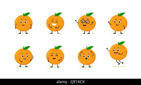 Charakter orange, Frucht. Happy cute Cartoon Emoji Set. Stock Vektor