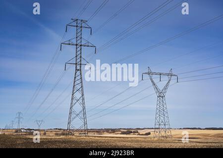 In den kanadischen Prärien in Rocky View County Alberta, Kanada, stehen hohe Sendetürme und Kommunikationsleitungen für die Energiewirtschaft. Stockfoto
