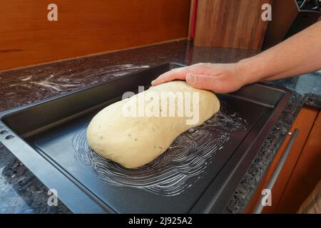 Schwäbische Küche, Zubereitung Ulmer Zuckerbrot, süßer Hefe Hefeteig mit Fenchelsamen, ungebrannter Teig auf Backblech, backen, vegetarisch Stockfoto