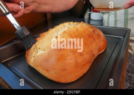 Schwäbische Küche, Zubereitung Ulmer Zuckerbrot, süßer Hefe Hefeteig mit Fenchelsamen, gebacken, Brotaufstrich mit Rosenwasser, Bürste Stockfoto