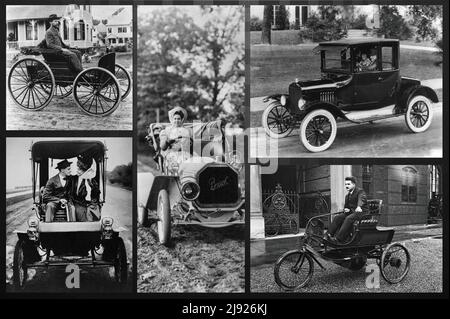 Eine Collage aus Fotos, die sehr seltene Autos aus dem Ende des 19.. Und Anfang des 20.. Jahrhunderts darstellen Stockfoto