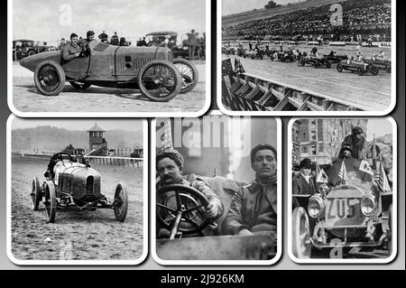 Eine Collage aus Fotos, die sehr seltene Rennwagen aus dem Ende des 19.. Und Anfang des 20.. Jahrhunderts darstellen Stockfoto