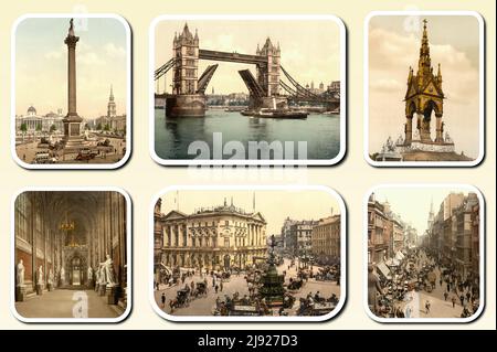 Einige seltene Bilder von London, die die Hauptstraßen und Denkmäler darstellen, stammen aus den späten 1800s und frühen 1900s.