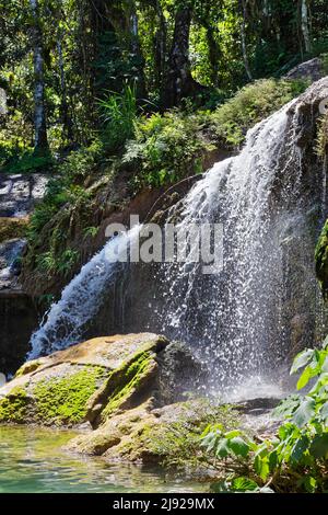 El Nicho Wasserfälle, auf dem Wasserweg, Sendero Reino de las Aguas, Collantes Heights, Gran Parque Natural Topes de Collantes, Naturschutzgebiet Stockfoto