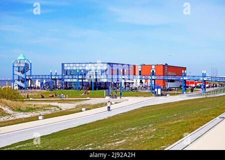 Haus des Gastes mit Aussichtsplattform, Norddeich, Ostfriesland, Deutschland Stockfoto