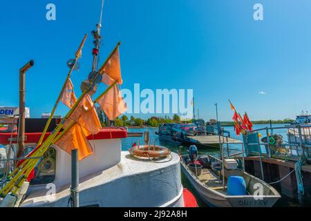 Arnis, kleinste deutsche Stadt, lange Straße, Fachwerkhaus, Erker, Architektur, Fußweg, Häuser, Schlei, Groedersby, Ostsee Stockfoto