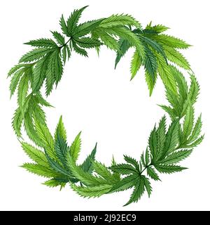 Aquarell Cannabis Rahmen. Handgezeichneter Wildhanf-Pflanzenkranz für Grußkarte, Logo, Rahmen oder Rahmen. Stockfoto