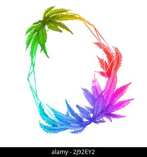 Aquarell Regenbogen Cannabis Rahmen. Handgezeichneter Wildhanf-Pflanzenkranz für Grußkarte, Logo, Rahmen oder Rahmen. Stockfoto