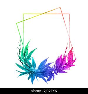 Aquarell Regenbogen Cannabis Rahmen. Handgezeichneter Wildhanf-Pflanzenkranz für Grußkarte, Logo, Rahmen oder Rahmen. Stockfoto