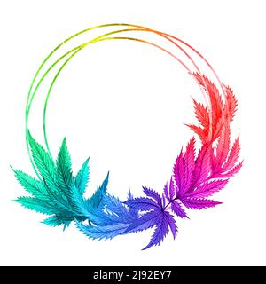 Aquarell Regenbogen Cannabis Rahmen. Handgezeichneter Wildhanf-Pflanzenkranz für Grußkarte, Logo, Rahmen oder Rahmen. Stockfoto