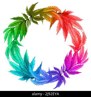 Aquarell Regenbogen Cannabis Rahmen. Handgezeichneter Wildhanf-Pflanzenkranz für Grußkarte, Logo, Rahmen oder Rahmen. Stockfoto