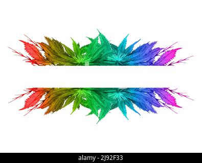 Aquarell Regenbogen Cannabis Rahmen. Handgezeichneter Wildhanf-Pflanzenkranz für Grußkarte, Logo, Rahmen oder Rahmen. Stockfoto