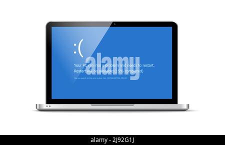 BSOD Bildschirm Tod Fehler Systemabsturz Laptop. Bluescreen-bsod-Betriebssystemwarnung für Computer Stock Vektor