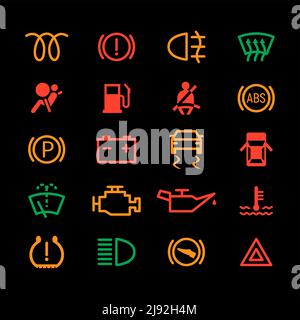 Kfz-Armaturenbrett Symbol Motorleuchte abs LED Öl. Kfz-Armaturenbrett-Anzeigelampe Alarm Parkplatz Symbol gesetzt Stock Vektor