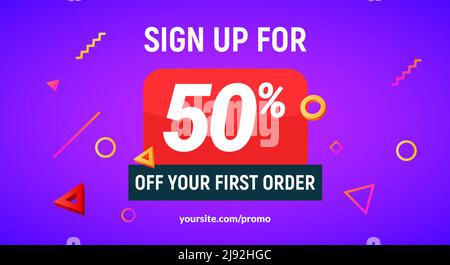 Gutscheincode Rabatt 50 Anmeldung Werbeangebot. Rabatt-Tag-Flyer 50 % Rabatt auf Promo-Angebote Stock Vektor