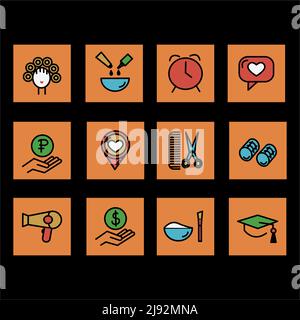Friseursalon-Icon-Set. Enthalten die Symbole wie Haarschnitt, Reinigung, Friseur, Haartrockner, Haarschneider, Lockenstab und mehr. Vektorgrafik. Vektorgrafik Stock Vektor