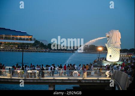 Merlion Park, eine ikonische Statue in Singapur bei Nacht. Merlion ist ein mythisches Wesen mit einem Löwenkopf und dem Körper eines Fisches Stockfoto