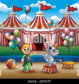 Zirkuselefant und Trainer auf der Arena mit Zirkuszelt-Hintergrund Stock Vektor