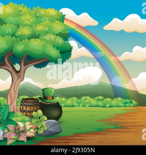 St. Patrick's Day Topf aus Gold und Regenbogen auf der wunderschönen Landschaft Stock Vektor