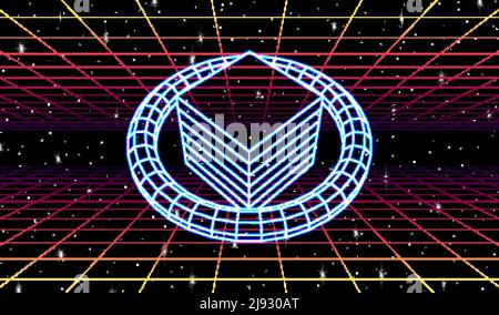 Abstrakte Neon-Formen im Retro-Raum. 80s oder synthwave gestaltete Neonobjekte im virtuellen Universum. Glänzende Neongitterelemente. Stock Vektor