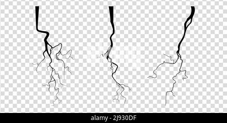 Risse auf Beton oder Boden aufgrund von Alterung oder Dürre. Ein Satz von Spalten, die auf transparentem Hintergrund isoliert sind. Monochrome Vektorgrafik Stock Vektor