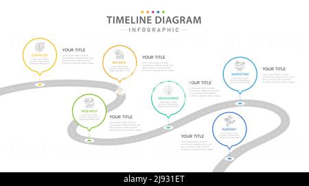 Infografik-Vorlage für Unternehmen. 6 Schritte modernes Timeline-Diagramm mit Road Journey Konzept, Präsentationsvektor Infografik. Stock Vektor