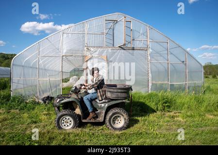 Der junge kaukasische Bauer fährt ein atv an einem Gemüsegarten-Gewächshaus auf einem Bio-Bauernhof vorbei. Die Tür zum Gewächshaus ist geöffnet, und es gibt eine Reihe von Gemüse Stockfoto