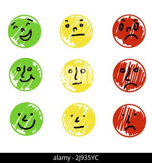 Qualitätsbewertung rund Aufkleber, gute normale schlecht, Emotion Karte mit Cartoon Gesichter Illustration Vektor Stock Vektor
