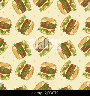 Burger-Hamburger-Muster, Kritzelfarbe, handgezeichnete Konturzeichnung. . Vektorgrafik. Vektorgrafik Stock Vektor