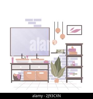 Saubere Badezimmer Dekoration Spiegel Waschbecken Schrank Haus Innenraum Flat Design Stock Vektor