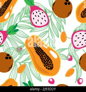 Nahtlose Muster aus exotischen Früchten und Blättern, Sommer-Vektor-Illustration im Cartoon-Stil. Pitaia, Kokosnuss und Papaya. Leuchtendes Sommermuster Stock Vektor