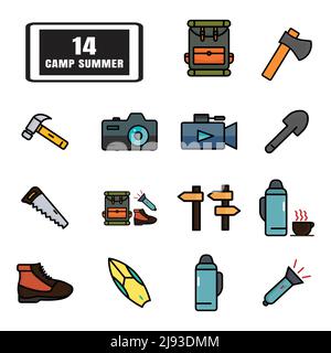 Vektor für Symbolsatz für den Sommercamps. Gefüllte Linie Symbol Stil. Einfaches Design editierbar. Entwerfen Sie eine einfache Illustration Stock Vektor
