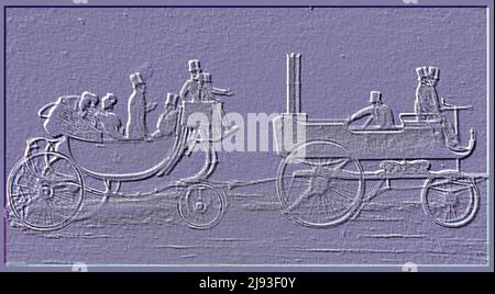 Eine frühe Dampfmaschine und Anhänger mit Erfinder Sir Goldsworthy Gurney ( 1793 – 1875) englischer Chirurg, Chemiker, Architekt, Baumeister, Dozent und Wissenschaftler; Und der 1. Duke of Wellington (Arthur Wellesley - 1769 – 1852 ) Stockfoto