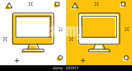 PC im Comic-Stil. Desktop-pc Cartoon-Vektor-Illustration auf isolierten Hintergrund. Monitor-Display Splash-Effekt Zeichen Geschäftskonzept. Stock Vektor
