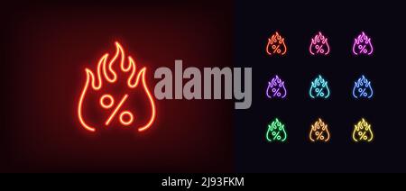 Umreißt das Symbol für den heißen Prozentsatz in Neon. Leuchtendes Neon-Prozentzeichen mit Feuer, brennendes Verkaufspickogramm. Fiery Rabatt-Tag, Hot-Angebot-Label, Sonderpreis und Stock Vektor