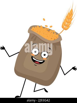 Niedlicher Sack Weizen und Ohrcharakter mit verrückten fröhlichen Emotionen, fröhlichem Gesicht, lächelnden Augen, Armen und Beinen. Getreideernte mit witzigem Gesichtsausdruck und Pose. Vektorgrafik flach Stock Vektor