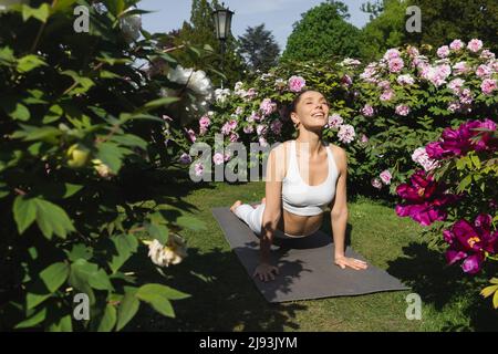 Positive Frau, die Kobra praktiziert, posiert auf einer Yogamatte in der Nähe von grünen blühenden Pflanzen Stockfoto