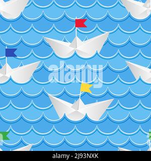 Papierboote segeln auf blauem Papierwasser. Wellenmeer, Origami-Gefäß, Vektorgrafik Stock Vektor