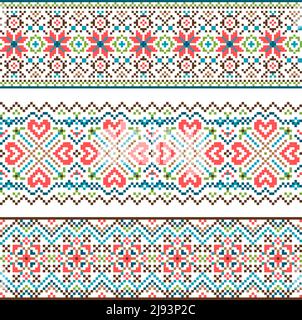 Gestickte handgemachte Stich Ukraine ethnischen Muster. Ornament-Motiv, Strick- und Nadelcraft, Kreuzstich geometrisch, Kulturtradition, Vektorillust Stock Vektor