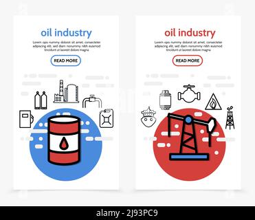 Öl-Industrie vertikale Banner mit Fass Kraftstoffspender Raffinerie Fabrik Rohrleitung Kanister Bohrgerät Tankventil entzündliche Schild Turmlinie Symbole Stock Vektor