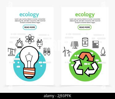 Ökologie und Energie vertikale Banner mit Glühbirne Bohranlage Feuer Stecker Steckdose Windmühle Solarpanel Zylinder Batterie recyceln Vektor Illustration Stock Vektor