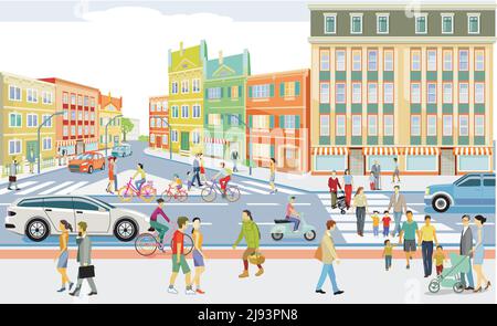 City Silhouette mit Fußgängern und Autos im Wohnviertel, Illustration Stock Vektor