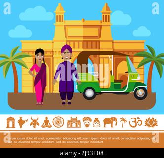 Flat India Travel buntes Konzept mit Menschen in traditioneller Kleidung Tuk Tuk Palmen Indien Tor und indische Symbole Vektor Abbildung Stock Vektor