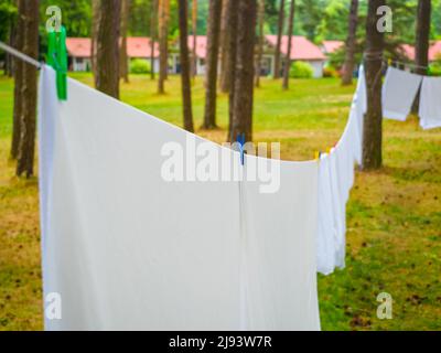 Nahaufnahme von frischer weißer Wäsche, die an einem Waschseil mit Wäscheklammer zwischen Kiefern im Freien in einem Sommerlager in einem Wald hängt Stockfoto