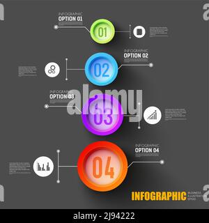 Infografik zu Geschäftsschritten Konzept mit Satz von Web-Icons und Option nummerierte Tasten auf schwarzem Hintergrund flache Vektor Illustration Stock Vektor