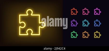 Umreißen Neon Puzzle Teil Symbol. Leuchtende Neon Puzzle-Stück, App Zusatz Piktogramm. Business-Lösung, Spiel Herausforderung, Gaming-Plugin, Erweiterung A Stock Vektor