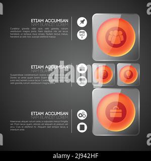 Abstrakte Web-Infografiken mit roten runden Knöpfen in grauem Glas Quadrate und Business-Symbole Vektor-Illustration Stock Vektor